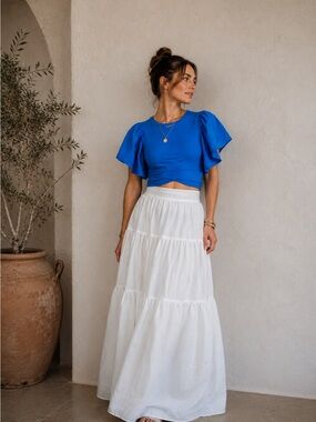 Zara 100% Cotton Cobalt Blue Flutter Sleeve Crop Top